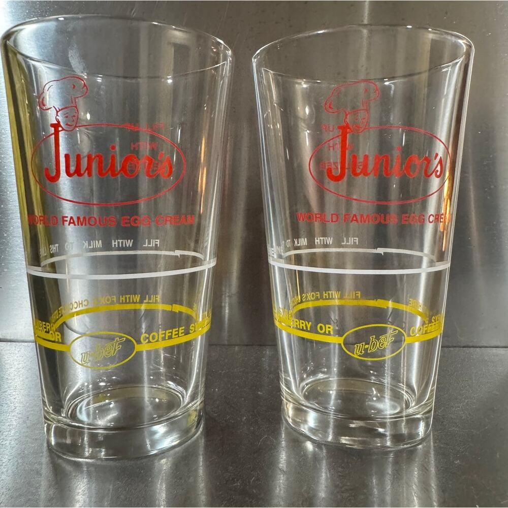 Vintage Juniors Brooklyn NY World Famous Egg Cream Recipe Mixing Glasses-2